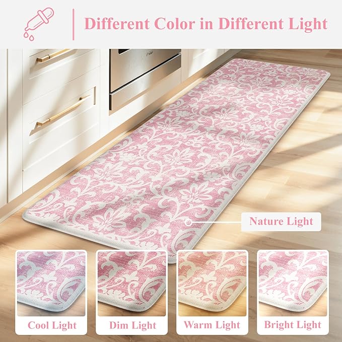 LEEVAN Pink Kitchen Mats for Floor Sets of 2, Vintage Distressed Anti Fatigue Memory Foam Kitchen Mat for Laundry,Non Slip Cushioned Standing Mat for Home, Office, Desk,Sink(17.3"x29"+17.3"x59")