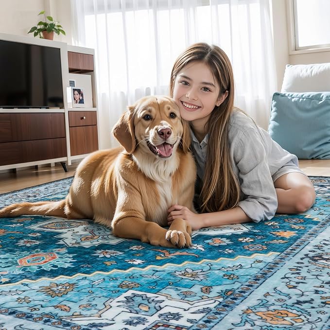 Tangsoo Blue 3x5 Washable Rug, Vintage Indoor Area Rugs, Boho Non Slip Accent Rug Carpet, Soft Low Pile Rugs for Living Room Dorm Bedroom Bedside Entryway Bathroom Home Decor