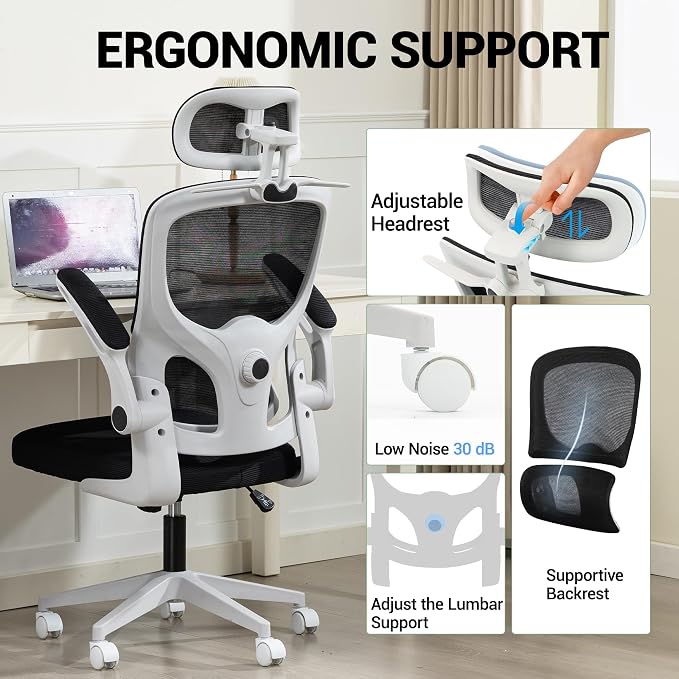 Ergonomic Office Chair with Flip-up Arms, Grey | Home Desk Chair w/ Coat Hook, Adjustable Headrest and Lumber Support, Mesh Computer Gaming Chair, 330 LBS