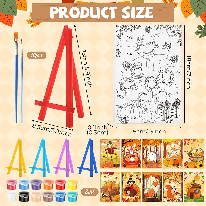 Blosssound 10 Set Fall Thanksgiving Pre Printed Canvas Autumn Pre Drawn Canvas Painting with Easel Kits 5" x 7" Outline Painting Panels for Beginners, DIY Craft Project, Home Decors