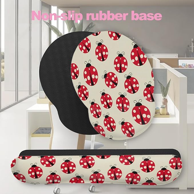 Cute Ladybug Mouse Pad with Wrist Rest Set, 3-in-1 Wrist Support Mousepad Set, Gaming Mat Pad with Anti-Skid Base,Ergonomic Memory Foam Mouse Pad Set for Women, Office, Typing, Gaming