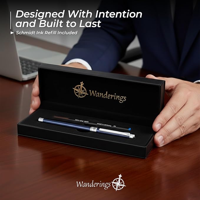 WANDERINGS Premium Ballpoint Pen with German Ink – Perfectly Balanced Executive Pen with Chrome Accents – Blue Breeze - Includes a Schmidt Refill in a Giftable Presentation Case for Men or Women
