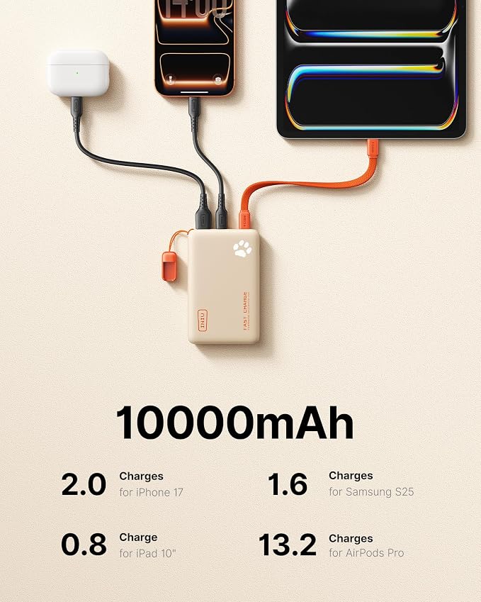 INIU 45W Fast Charging Portable Charger, 40% Smaller 10000mAh with Detachable Cable, Flight-Safe Travel Power Bank, USB C External Phone Battery Pack for Women, Girls, Daily Commute, Gift, Beige