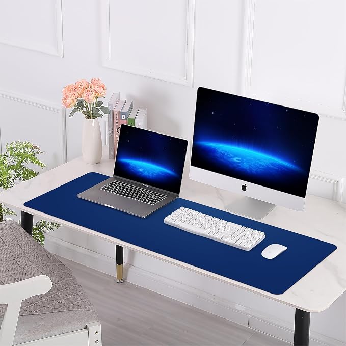 AFIING Leather Desk Pad Protector, Large Desk Mat with Natural Cork & PU Leather, Mouse Pad, Non-Slip, Waterproof Desk Writing Pad for Office and Home, Sapphire Blue