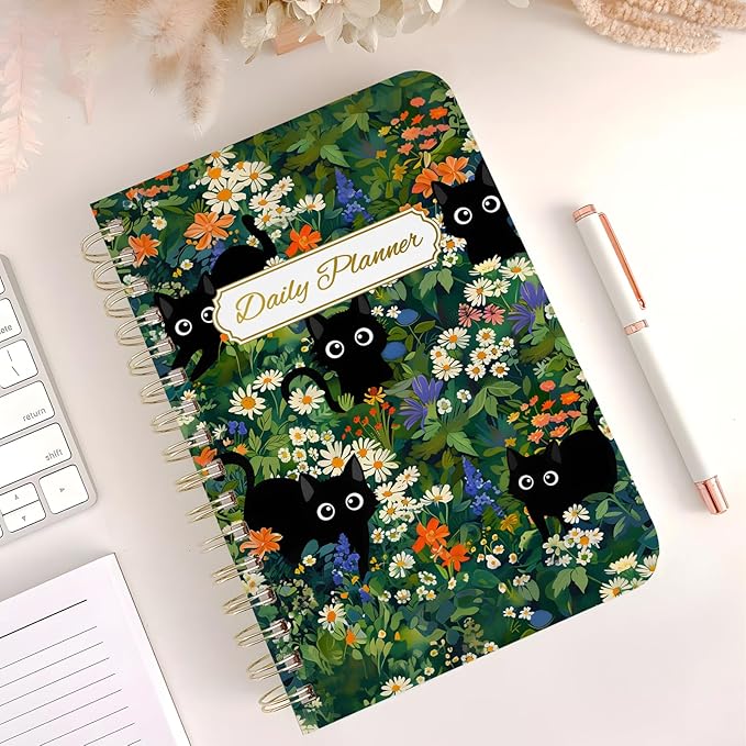 Undated Daily Planner - Spiral Notebook 80 Days One Day Per Page, Hourly Schedule, To-Do List, Notes, Everyday Planning Task, A5 Hardcover Journal Organizer Book Women Cute, Cat Garden