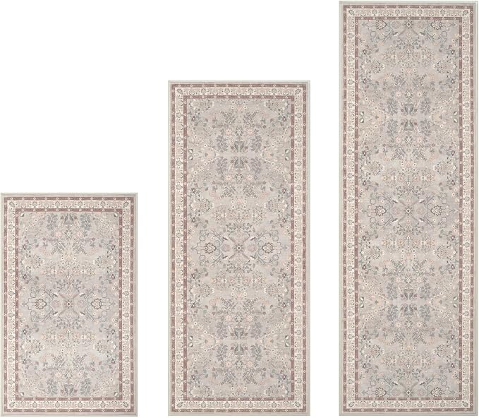 GRANNY SAYS Boho Kitchen Rug Sets of 3, Non Slip Washable Faux Wool Kitchen Mats for Floor, Thick Soft Anti-Fatigue Comfort Standing Mat Runner Rugs for Hallway Laundry Room, Boho Red