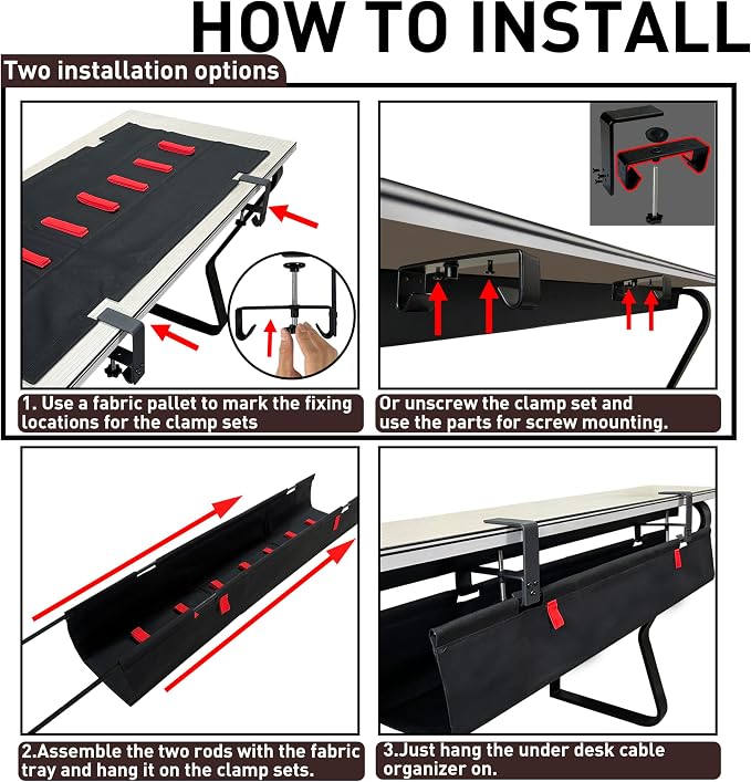 No Drill Under Desk Cable Management Tray, 48" Desk Cable Organizer | Premium Oxford Fabric Cable Management, Clamp Screw Desk Cable Management, Large Capacity Table Cable Organizer for Office