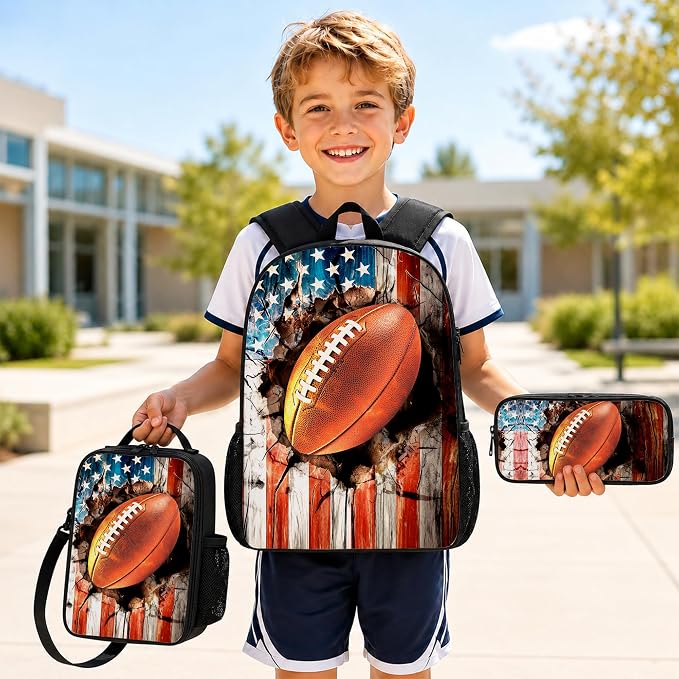 3PCS Football Backpack for Boys Girls Teens, School Backpack with Lunch Box Pencil Case for Elementary Middle High Students, 17 Inch Lightweight Bookpack 3 in 1 Set Back to Shool Supplies for Kids