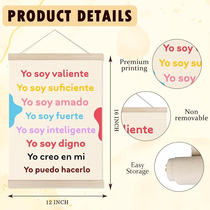 Welshower Boho Spanish Classroom Poster Hanger Frame, Yo Soy Valiente Motivational Inspirational Quotes Wall Art Prints Decor for Classroom Kids Room Nursery Playroom, 12x16 Inch