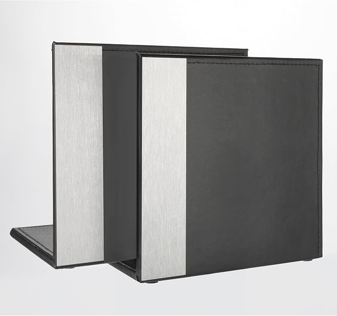 Artistic ART43008 Architect Line Leather-Like Bookends (Pair), Black with Brushed Metal & Matching Black Stitching and Velvet-Like Lining