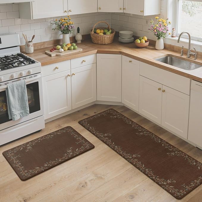 GENIMO Anti Fatigue Kitchen Mats for Floor 2PCS, Cushioned Standing Mats | 17.3"x59"&17.3"x30", Red Brown vintage floral rug set, waterproof, non slip, easy-clean for farmhouse