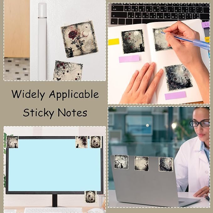 9 Pack Gothic Black Cat Sticky Notes Set, 450 Sheets Vintage Rose Moon Self-Stick Notepads, Aesthetic Witchy Office Supplies and Gifts for Women