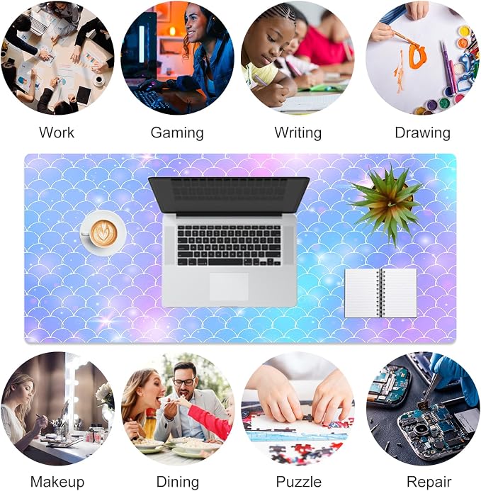 QiyI Large Desk Pad, Colorful Mouse Pad Desktop Decor, Waterproof PU Leather Desk Cover Protector, Desk Accessories for Office Home Work Writing Gaming 31.5" x 15.7" - Gradient Fish Scales