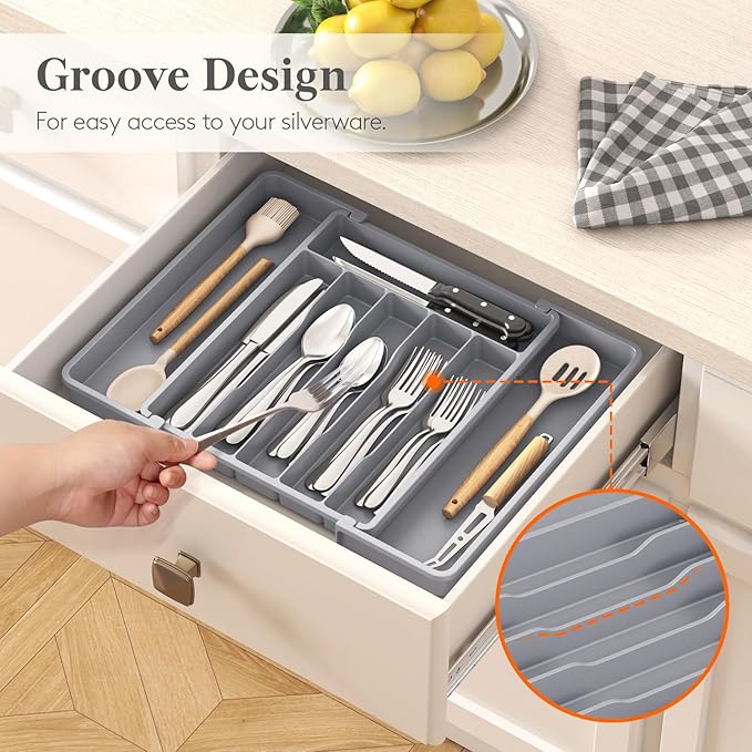 Lifewit Silverware Drawer Organizer, Expandable Utensil Tray for Kitchen, BPA Free Flatware and Cutlery Holder, Adjustable Plastic Storage for Spoons Forks Knives, 10.9"-17.5" x 13.7", Gray