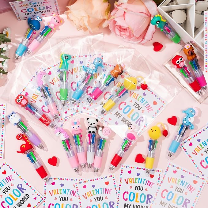 ANGOLIO Valentine's Day Gifts 28 Sets Cards with Cute Animal 4 in 1 Multicolor Ballpoint Pens for Kids Students School Classroom Office Valentines Exchange Gifts Party Favors Toddler Boys Girls Prizes