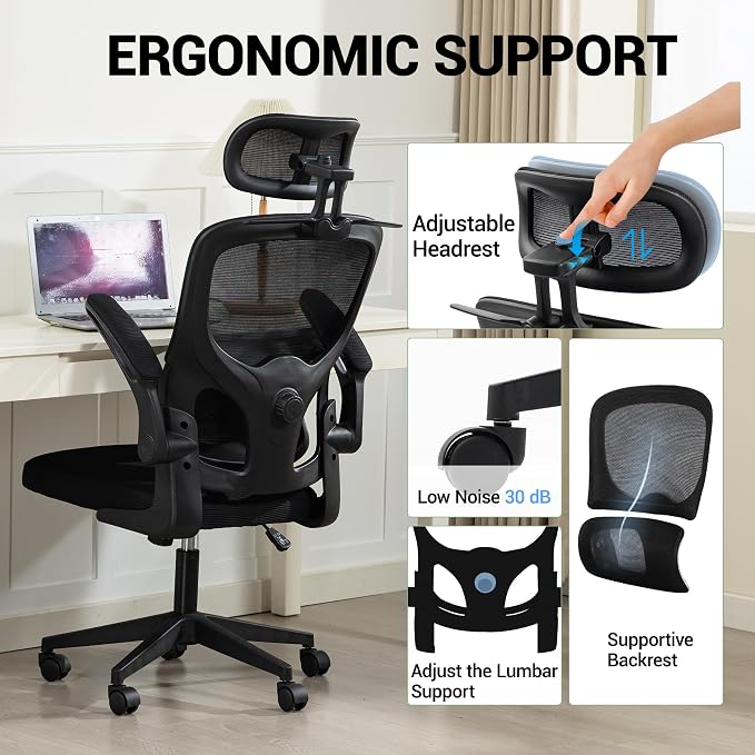 Ergonomic Office Chair with Flip-up Arms, Black | Home Desk Chair w/ Coat Hook, Adjustable Headrest and Lumber Support, Mesh Computer Gaming Chair, 330 LBS