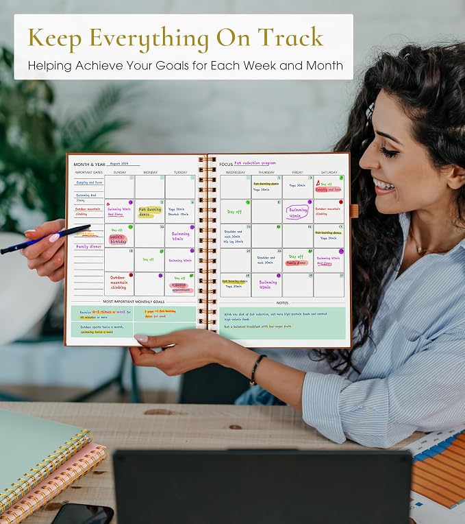 Undated Weekly and Monthly Planner, B5 Large Weekly To Do List Notebook with Goal & Habit Tracker Organizer, Hardcover Spiral Bound Blank Monthly Planner for Work School Home 7.4" x 9.64" Brown