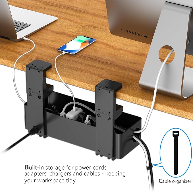 Under Desk Cable Management Tray with 6 AC Power Outlet and Clamp Mount, No Drill Cord Storage Organizers for Wire Management, Standing Desk, Computer Cord Rack for Office & Home (Black)