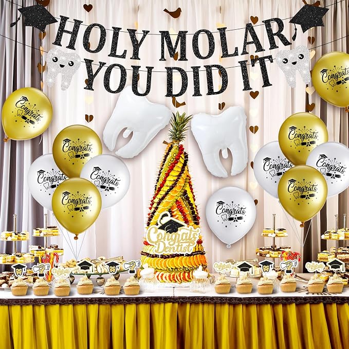 Colingmill 30 Pcs Dentist Party Decor Congrats RDH Dental Kit with Pull Flags Cake Sticks Tooth Balloon White Ribbon for Dentist Supplies Back to School Party Favor