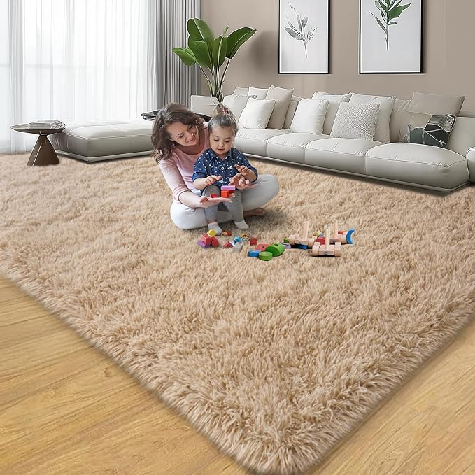 8x10 Area Rug for Living Room, Fluffy Shag Tan Rug for Bedroom Soft Large Carpet for Living Room, Shaggy Fuzzy Alfombra for Dorm Office Classroom Home Decor (8ft x 10ft, Light Tan)