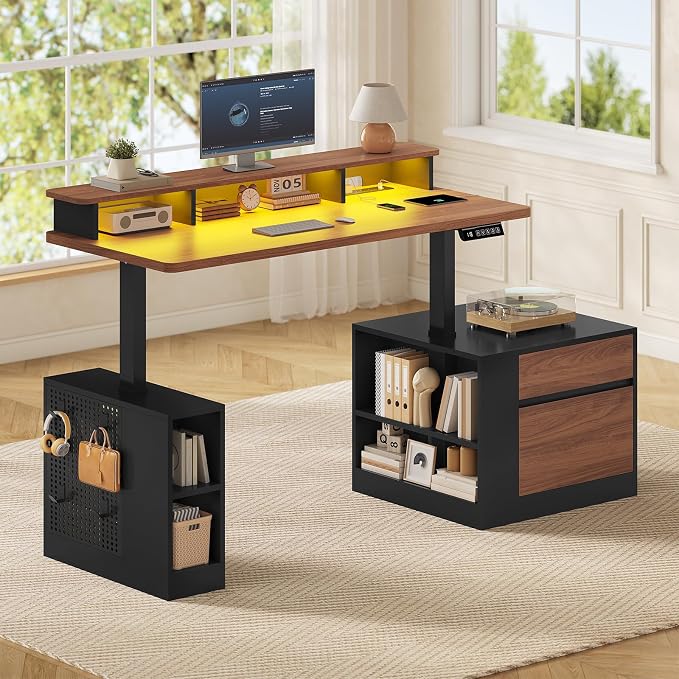 Standing Desk Adjustable Height, 70" Executive Electric Office Desk, Sit Stand Computer Desk with Storage Drawer, Power Outlets, Led Lights, Monitor Stand, Printer Space, Pegboard Black&Walnut