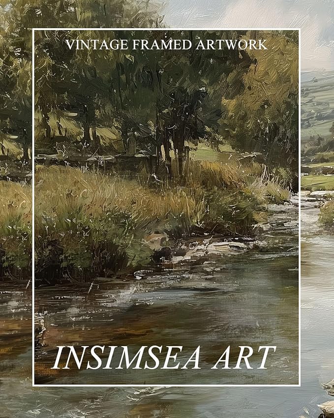 InSimSea Extra Large Framed Vintage Wall Art, Living Room Country Farmhouse Decor, River Rolling Hills Landscape Canvas Prints, Retro Scenery Long Picture for Bedroom Above of Bed, 20x40inch