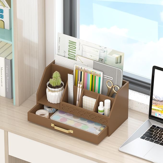 Wisuce Bamboo Mail Organizer Countertop with Drawers, Wooden Desk Organizer File Bill Sorter Storage Box for Desktop Letter Envelope Countertop Holder for Office Home School Organization