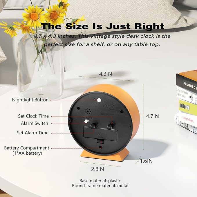 AYRELY® 4.5" Analog Alarm Clock, Small Retro Desk Clock and Table Clock | Battery Operated, Silent Metal Table Clock with Light for Living Room Decor, Bedroom, Bedside and Shelf (Orange)