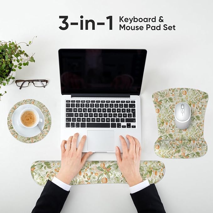 RICHEN Mouse Pad and Keyboard Wrist Rest, 3-in-1 Computer Mousepad and Coaster Set, Non-Slip Keyboard Wrist Rest and Mouse Pad Set Ergonomic Design (FKMWR-53)