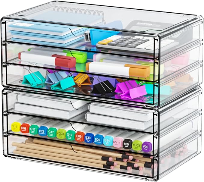 2 Pack Acrylic Storage Drawers With 6 Drawers,Stackable Desk Organizer and Makeup Organizer,Large Clear Office Supplies Organizer for Pen,Stationary,Palettes,Arts Craft Organizers and Storage