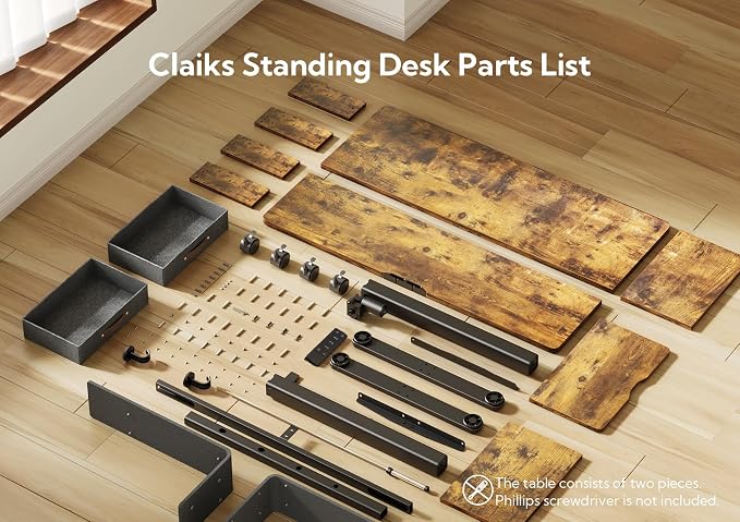 Claiks Standing Desk with Drawers & Wheels, 2 Height Shelf 55" Rustic Brown | 2 height adjust shelf, tabletop drawers, felt fence design, sturdy supports 176 lbs, 4 wheels, 2 tire monitor stand
