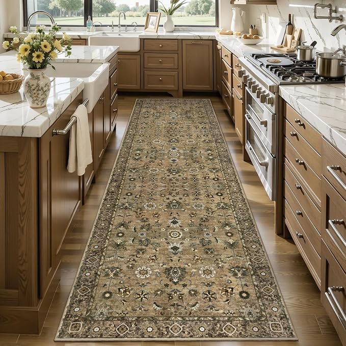 Tangsoo Brown 3x10 Runner Rug for Hallway Long Washable Hallway Runner Rugs, Non Slip Vintage Soft Low Pile Rug Runner, Indoor 8ft Carpet Runners for Kitchen Bedroom Entryway Living Room