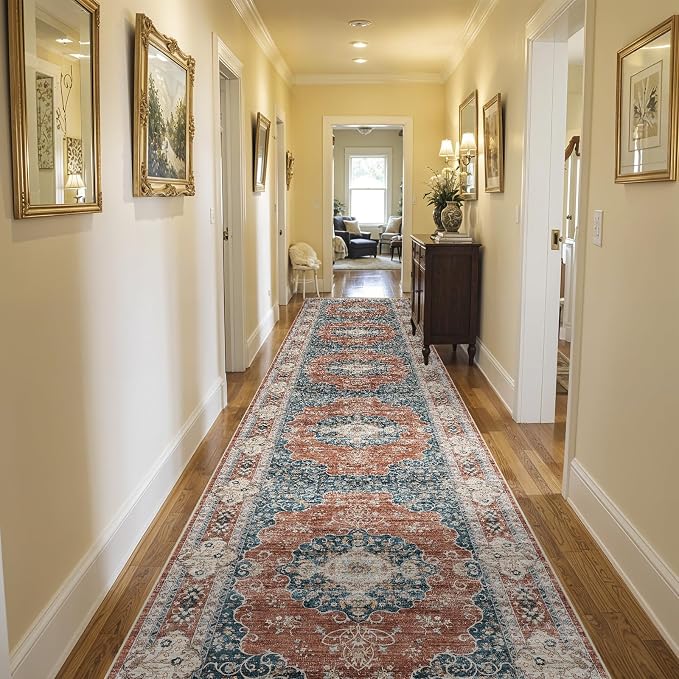 3x20 Washable Hallway Runner Rug:Oriental Indoor Kitchen Rugs Vintage Door Mat Non Slip with Rubber Backing Low Pile Thin Carpet for Bedroom Bathroom Living Room Bedside (3x20 Brick/Blue)
