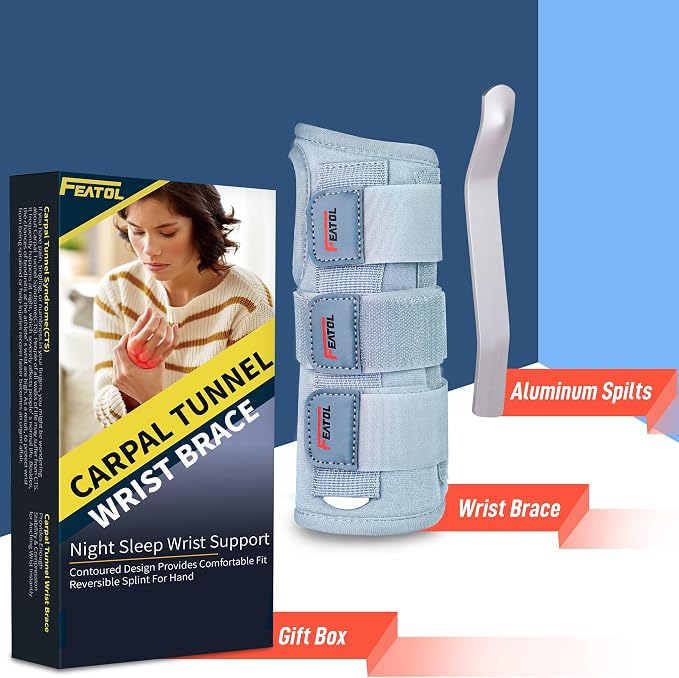FEATOL Wrist Brace Carpal Tunnel for Women Men, Adjustable Night Sleep Support Brace with Splints Right Hand, Small/Medium