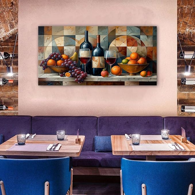 AIYISU Geometric Kitchen Wall Art Abstract Wine Canvas Prints Red Wine Glass and Fruit Pictures Rustic Farmhouse Still Life Painting Wine Bar Decor for Dining Room Restaurant Home Decorations 30x60