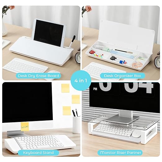 Glass Desktop Whiteboard with Storage, Desk Dry Erase Board Small White Board for Desk, Computer Keyboard Stand Includes 4 Markers, 1 Eraser for Office, Home, School Supplies
