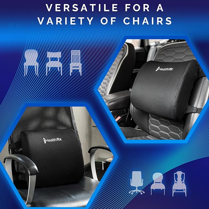 Healthfix® Car Lumbar Support Pillow – Orthopedic Memory Foam Back Cushion for Car Seats, Ergonomic Lower Back Support, Breathable Cover, Adjustable Strap – Medium (130–200 lbs)