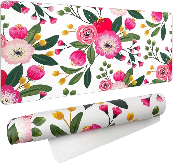 Bloss Pink Floral Desks Mat,Clearance Overstock Limited Stock Discontinued Size 31.5x15.7Inch Large Mouse Pad,Anti-Slip Computer Desk Pad,Keyboard and Mouse Pad,Pink Keyboard Protector Pad Mat