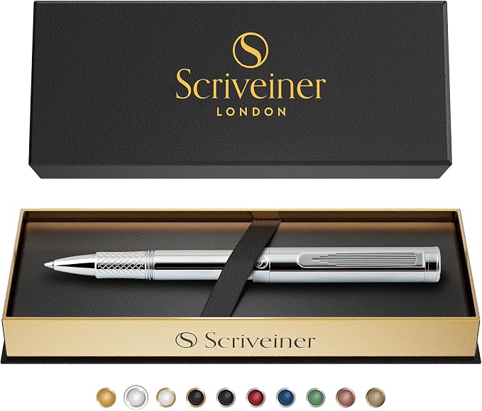 Scriveiner Silver Chrome Rollerball, Award Winning Luxury Pocket Pen with Chrome Finish, German Schmidt Refill, Best EDC Writing Instrument Gift Set for Men & Women, Fancy Office Pen