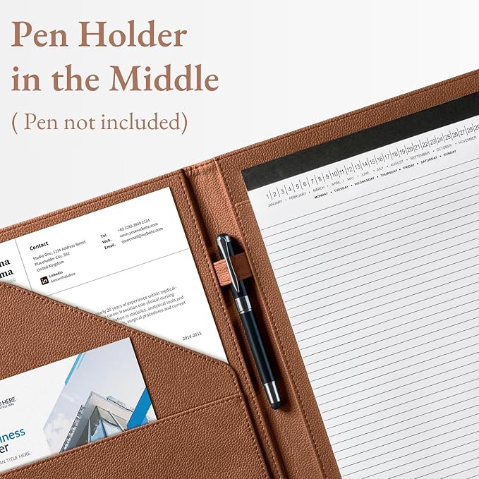 Mymazn Padfolio Portfolio Folder, Faux Leather Interview Resume Folder with Document Organizer & Business Card Holder, Letter-Sized Notepad Legal Pad Holder for Men Women (Golden Brown)