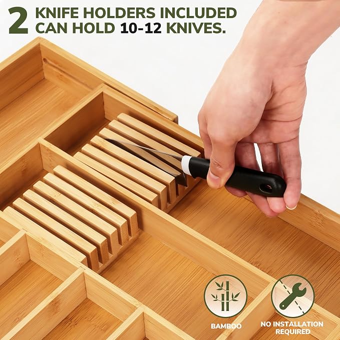 BAMEOS Bamboo Drawer Organizer Expandable Kitchen Silverware Organizer with 7-9 Deep Compartments, Bamboo Reinforced Cutlery Tray, Adjustable Utensil Holder for Kitchen(16.1"-22.4" Wide, Natural)