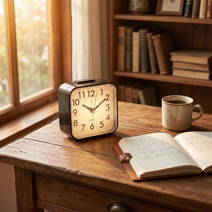 Small Analog Alarm Clock Battery Operated with Warm Glow Nightlight, Silent Non-Ticking Quartz Desk Clock, Easy-to-Read Dial, Battery Powered Travel Table Clock for Bedroom, Students, Office(black)