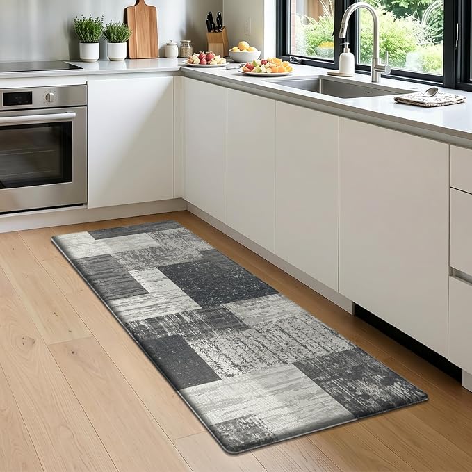 LOKHOM Anti Fatigue Kitchen Mats for Floor, 24x59 Non Slip Modern Cushioned Standing Comfort Kitchen Runner Rug, Waterproof Geometric Patchwork Memory Foam Padded for Sink Laundry Office, Grey
