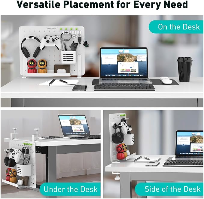 Clamp on Desk Pegboard 16.5"x12.6", White Heavy Duty Steel Desktop Organizer with 4 Magnet Pins, No-Drill Metal Peg Board Mount for Office & Gaming, Horizontal/Vertical