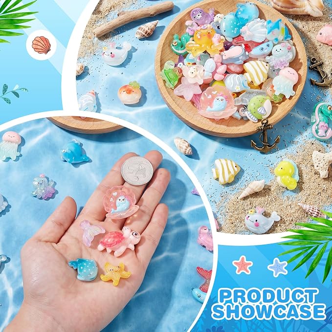 Giegxin 40 Pcs Transparent Resin Charms Sea Animal Shell Mermaid Starfish Turtle Flatback Cabochon Accessories Cute Embellishment Bulk for Jewelry Cellphone Case Scrapbooking Headband DIY Craft Making