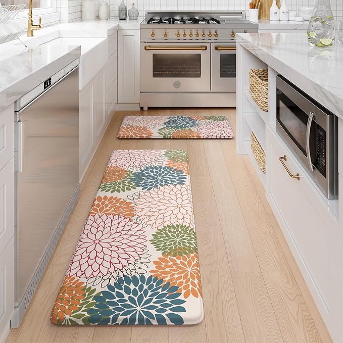 KIMODE Anti Fatigue Kitchen Mats for Floor 2PCS, Cushioned Standing Mats | 17"x47"+17"x29",Dahlia Floral,orange, Boho Floor Mats set of 2,Non Slip,Waterproof,Comfort Mat for Sink Office Laundry home
