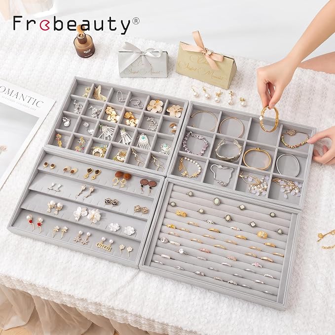 Jewelry Trays for Drawer,Set of 2 Jewelry Organizer and Storage | Velvet Material,Stackable,Adjustable Dividers,Drawer Inserts for Rings Studs Bracelet,Earring Organizer for Women Girls