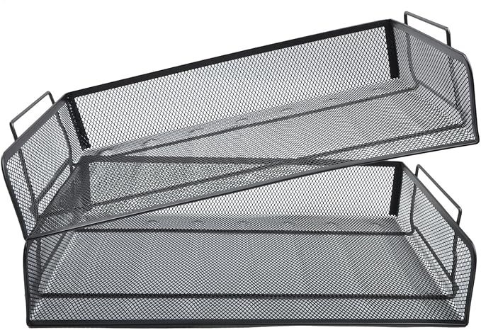 4 Pack Stackable Desk Paper Tray, Metal Mesh Desktop Document Letter File Organizer for Office Home School, 13.5'' L x 9.75'' W x 11'' H, Black