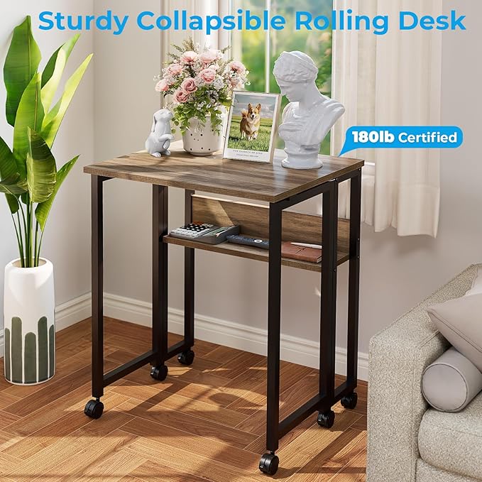 GreenForest Folding Desk Small Rolling Desk with Storage Shelf,24.8 inch Foldable Computer Desk with Wheels for Small Space,Easy Assembly,Grey Wash