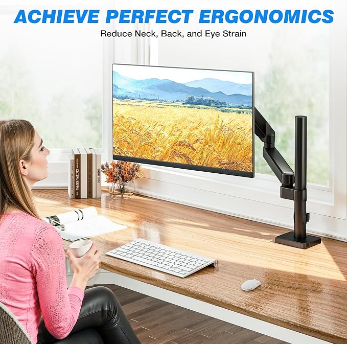 Single Monitor Arm Desk Mount for 17-34" Screens, VESA Stand Holds 22 lbs | Full-motion Adjustability, +90 to -45° Tilt, 180 Swivel, 360 Rotation, Standard 75x75mm and 100x100mm Compatible
